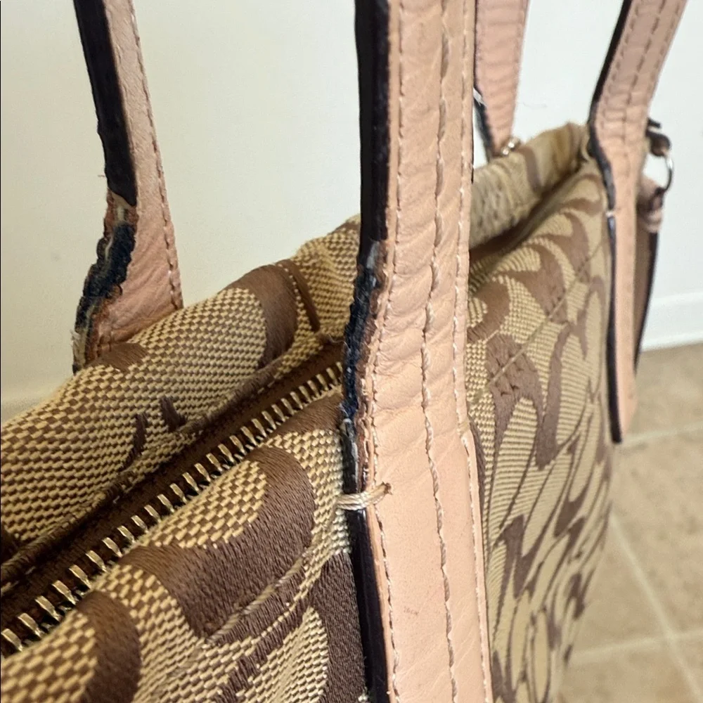 Coach Brown and Tan Signature Tote with Pink Accents